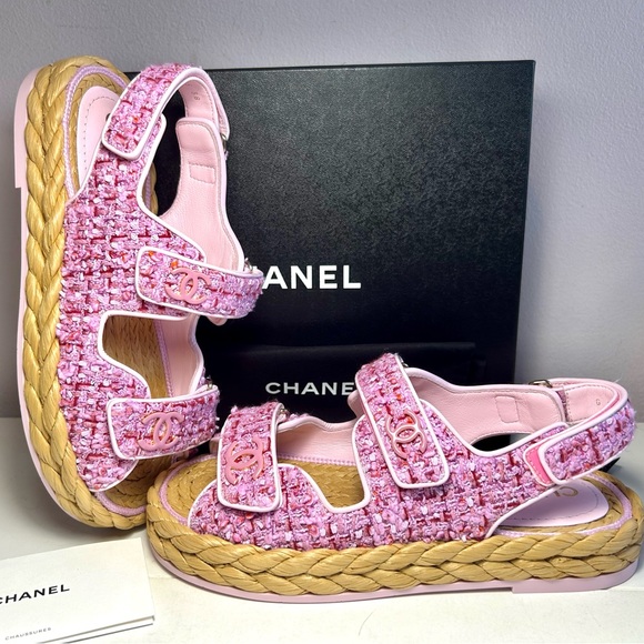 NEW CHANEL 22P DAD SANDALS CC LOGO PINK PURPLE TWEED PAT.LEATHER SZ 38 - Picture 11 of 16